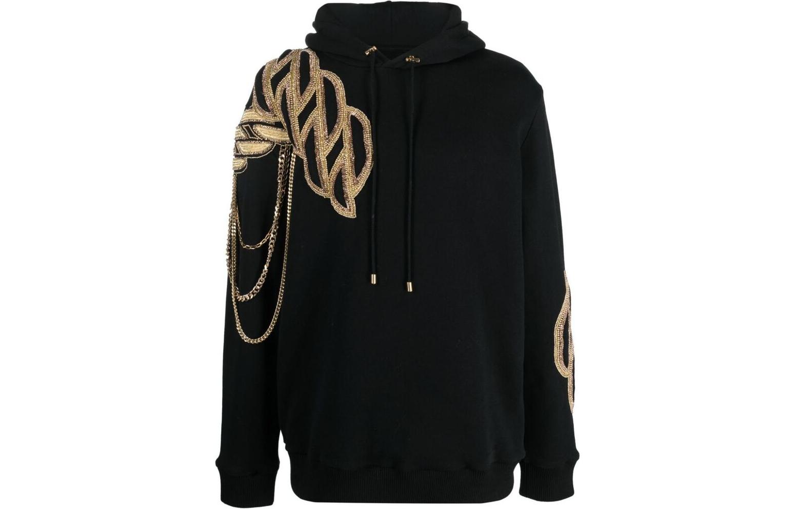 Balmain SS22 Rhinestone Cotton Hoodie Black Pullover XH0JT046PB15EAD