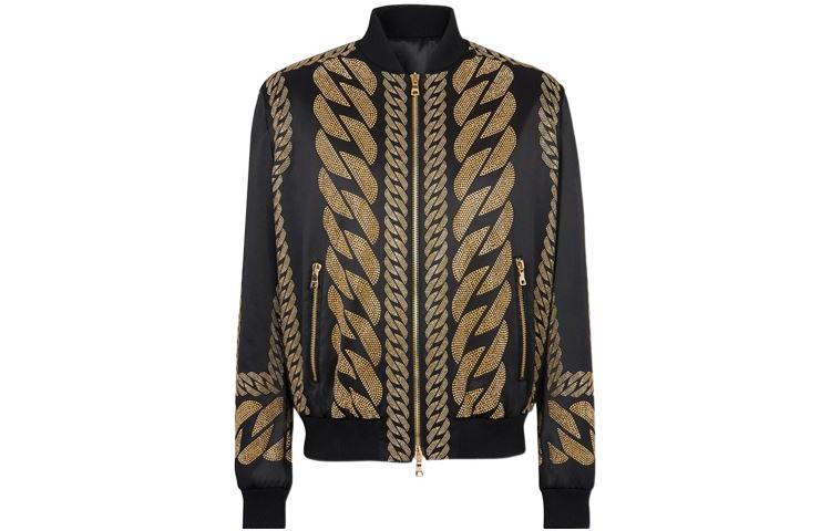 Balmain SS22 Studded Satin Chain Bomber Jacket Black XH0TF000PB16EAD