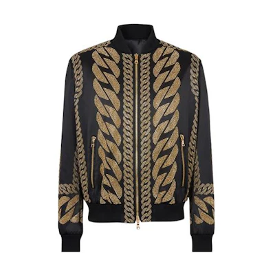 Balmain SS22 Studded Satin Chain Bomber Jacket Black XH0TF000PB16EAD