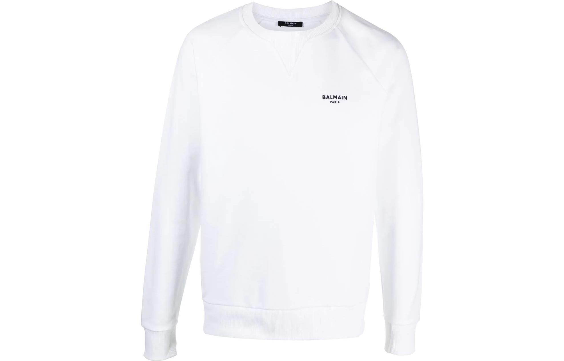 Balmain SS22 White Flocked Logo Crewneck Sweatshirt Long Sleeve XH1JQ005BB04-GAB