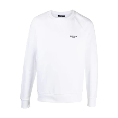 Balmain SS22 White Flocked Logo Crewneck Sweatshirt Long Sleeve XH1JQ005BB04-GAB