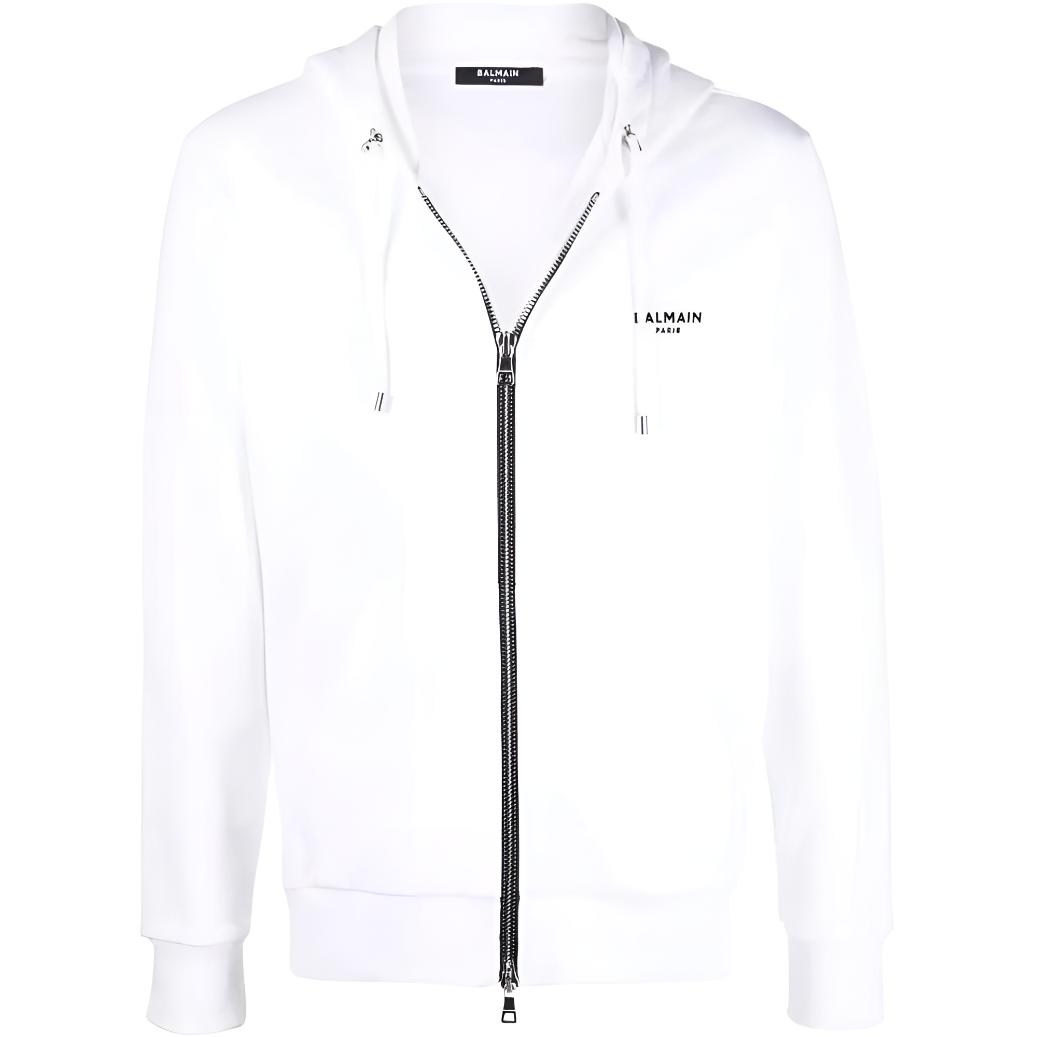Balmain SS22 White Logo Print Zip-Up Hoodie for Men XH1JX000BB04GAB