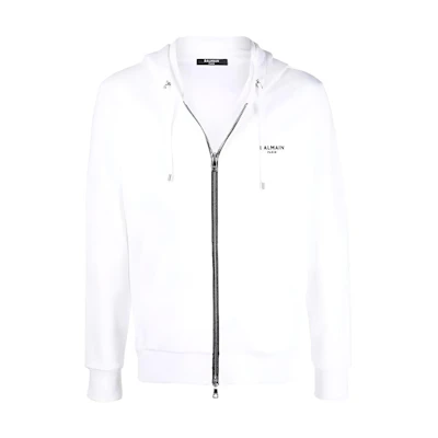 Balmain SS22 White Logo Print Zip-Up Hoodie for Men XH1JX000BB04GAB