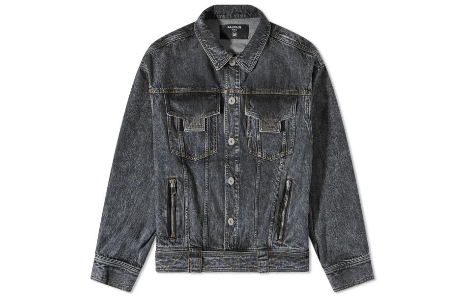 BALMAIN SS23  Black Denim Jacket with Multiple Pockets and Collared Design AH1TC221DD10-0PC