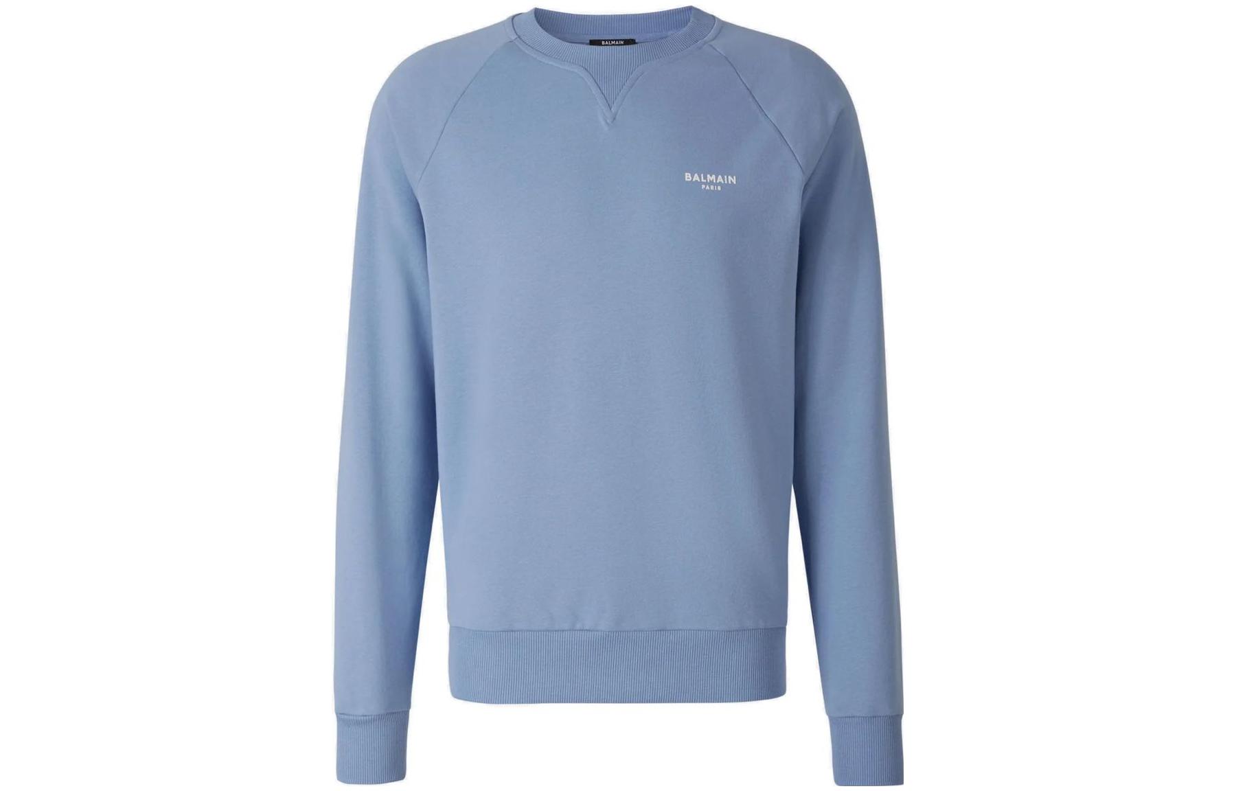 BALMAIN SS23  Blue Logo Print Crewneck Pullover Sweatshirt Long Sleeve. AH0JQ005BB04-SGF