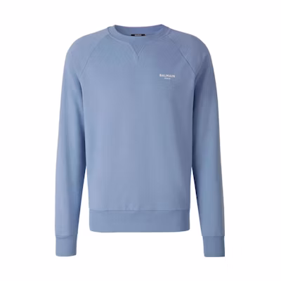 BALMAIN SS23 Blue Logo Print Crewneck Pullover Sweatshirt Long Sleeve. AH0JQ005BB04-SGF