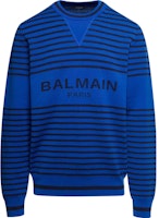 BALMAIN SS23 Blue Logo Striped Knit Pullover Sweater. AH1KD000KD93-SHF BALMAIN SS23 Blue Logo Striped Knit Pullover Sweater. AH1KD000KD93-SHF