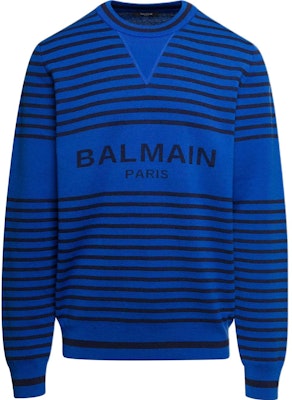 발망 SS23 블루 로고 스트라이프 니트 풀오버 스웨터. AH1KD000KD93-SHF Buy 발망 SS23 블루 로고 스트라이프 니트 풀오버 스웨터. AH1KD000KD93-SHF