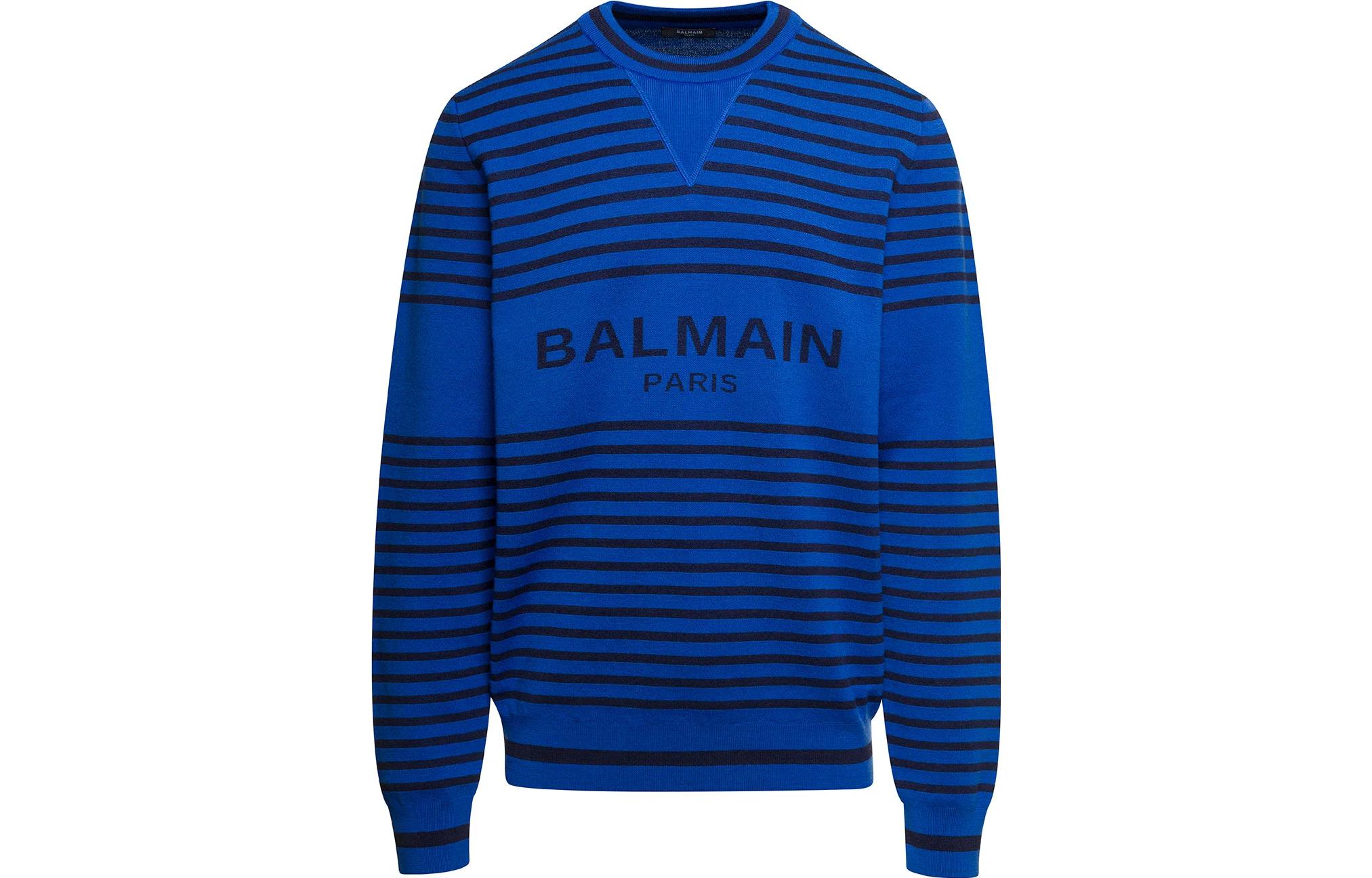 Order 발망 SS23 블루 로고 스트라이프 니트 풀오버 스웨터. AH1KD000KD93-SHF