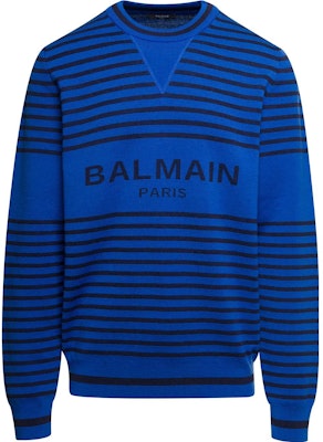 발망 SS23 블루 로고 스트라이프 니트 풀오버 스웨터. AH1KD000KD93-SHF Order 발망 SS23 블루 로고 스트라이프 니트 풀오버 스웨터. AH1KD000KD93-SHF