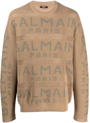BALMAIN SS23 Brown Logo Jacquard Knit Sweater AH1KE010KE07-WEI Buy BALMAIN SS23 Brown Logo Jacquard Knit Sweater AH1KE010KE07-WEI