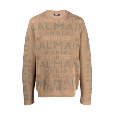 BALMAIN SS23 Brown Logo Jacquard Knit Sweater AH1KE010KE07-WEI