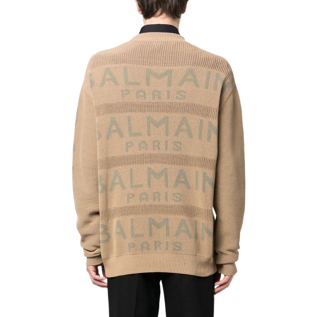Shop BALMAIN SS23  Brown Logo Jacquard Knit Sweater AH1KE010KE07-WEI