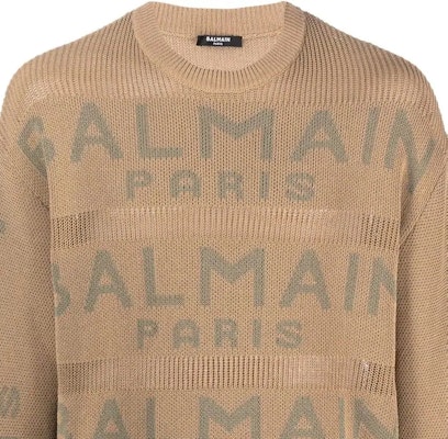 BALMAIN SS23 Brown Logo Jacquard Knit Sweater AH1KE010KE07-WEI Details for BALMAIN SS23 Brown Logo Jacquard Knit Sweater AH1KE010KE07-WEI