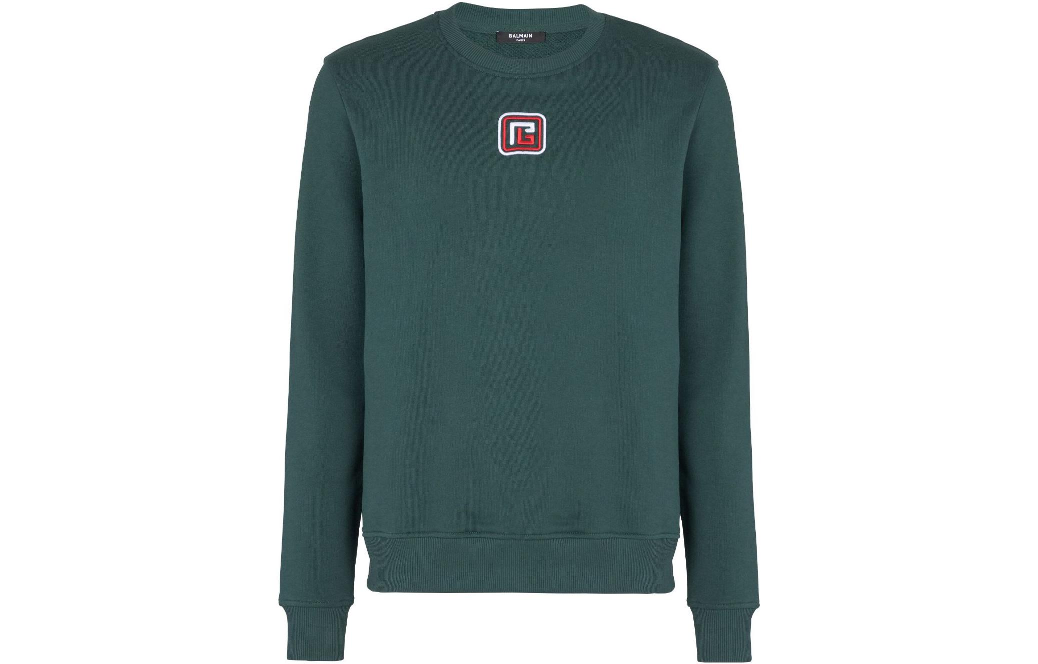 BALMAIN SS23  Crewneck Pullover Sweatshirt with Logo Embroidery in Dark Green. BH1JS001BC43-UFH
