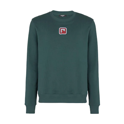BALMAIN SS23 Crewneck Pullover Sweatshirt with Logo Embroidery in Dark Green. BH1JS001BC43-UFH