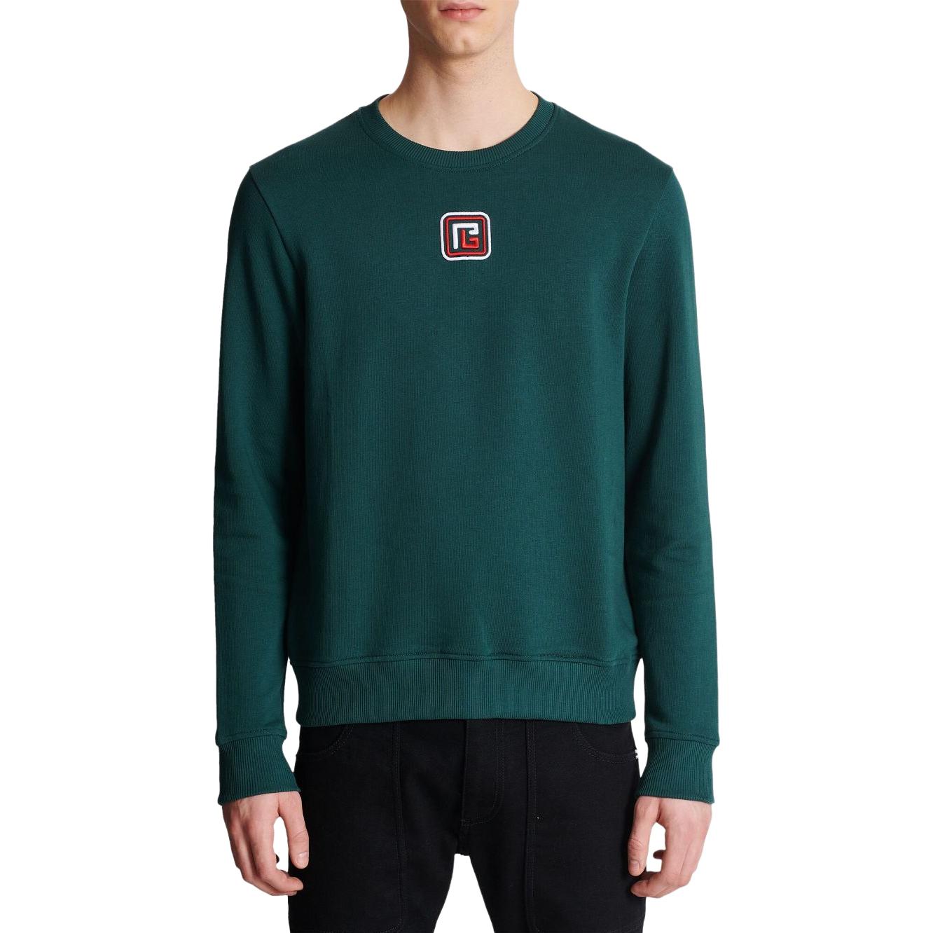 Lookbook 巴尔曼 SS23 深绿色徽标刺绣圆领卫衣 BH1JS001BC43-UFH