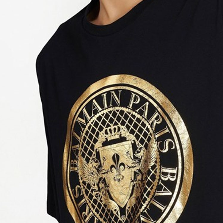 Details for BALMAIN SS23 Baju T-Shirt Leher Bulat Cetakan Grafik Hitam AH1EG000BC05-EAD