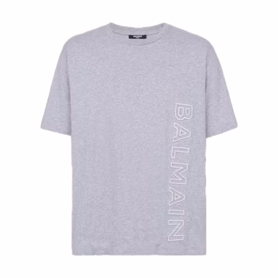 BALMAIN SS23 Grey Logo Print Crew Neck Short Sleeve T-Shirt. AH1EG010BC22-YDU