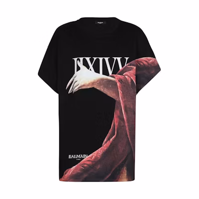 BALMAIN SS23 Logo Graphic Print Black Short Sleeve T-Shirt. AH0EG060GC79-EGQ