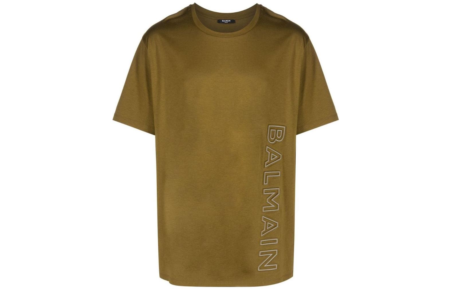 BALMAIN SS23  Olive Logo Print Crewneck Short Sleeve T-Shirt. AH1EG010BC22-UEN