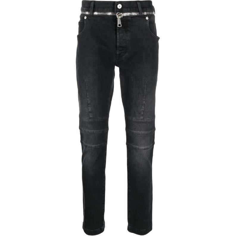 BALMAIN SS23  Slim Fit Washed Zipper Belt Jeans Black. AH0MG095DB67-0PC