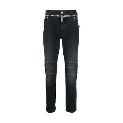 BALMAIN SS23 Slim Fit Washed Zipper Belt Jeans Black. AH0MG095DB67-0PC