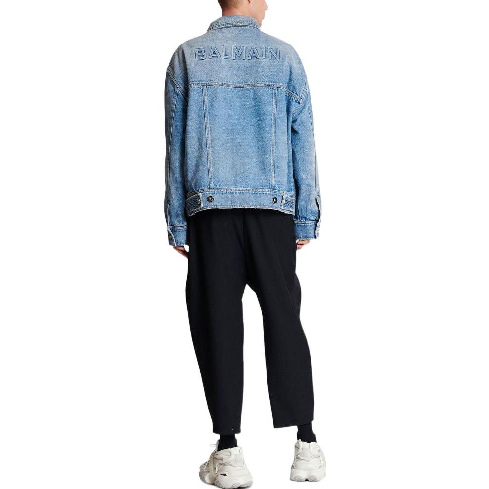 Shop 발망 SS23 워시드 싱글 브레스티드 블루 데님 자켓. AH1TC145DD09-6FF