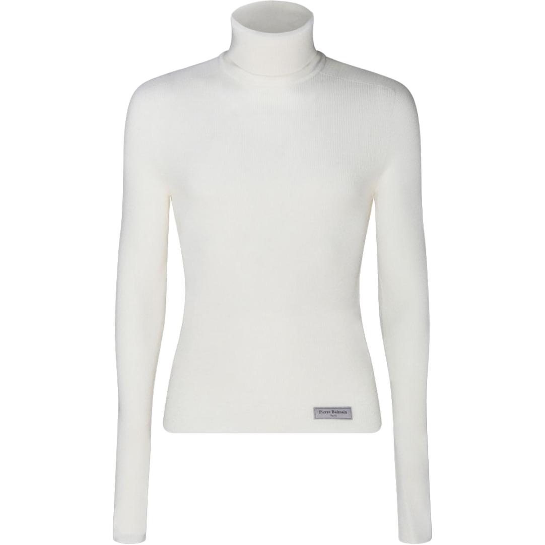 BALMAIN SS23  White High-Neck Knitted Pullover Sweater BH1KH015KE93-0KA