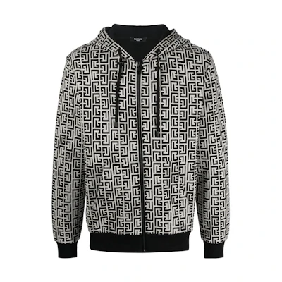 Balmain SS23 All-Over Logo Zip-Up Hoodie Black AH1JX000JB22-GFE