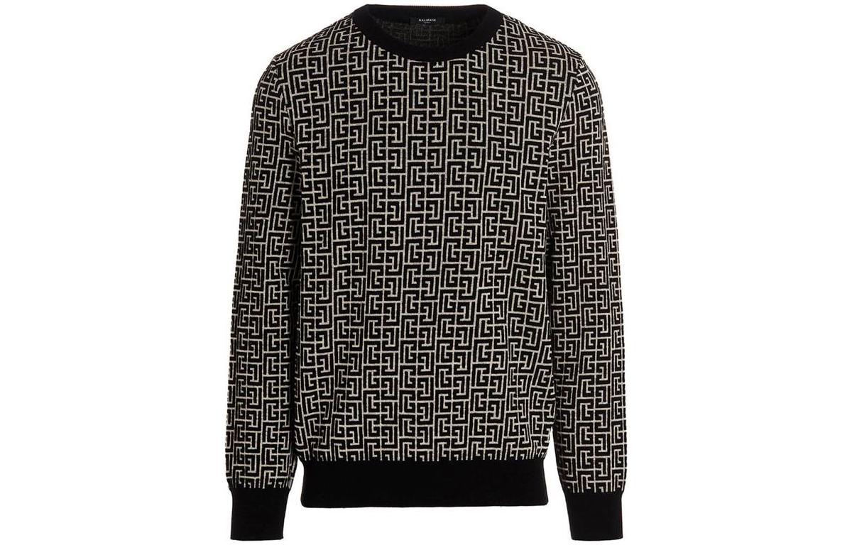 Balmain SS23 All-Over Maze Print Crewneck Sweatshirt Black Long Sleeve AH1KD000KB03-GFE