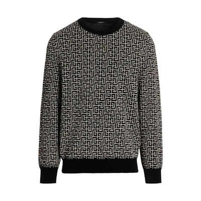 Balmain SS23 All-Over Maze Print Crewneck Sweatshirt Black Long Sleeve AH1KD000KB03-GFE