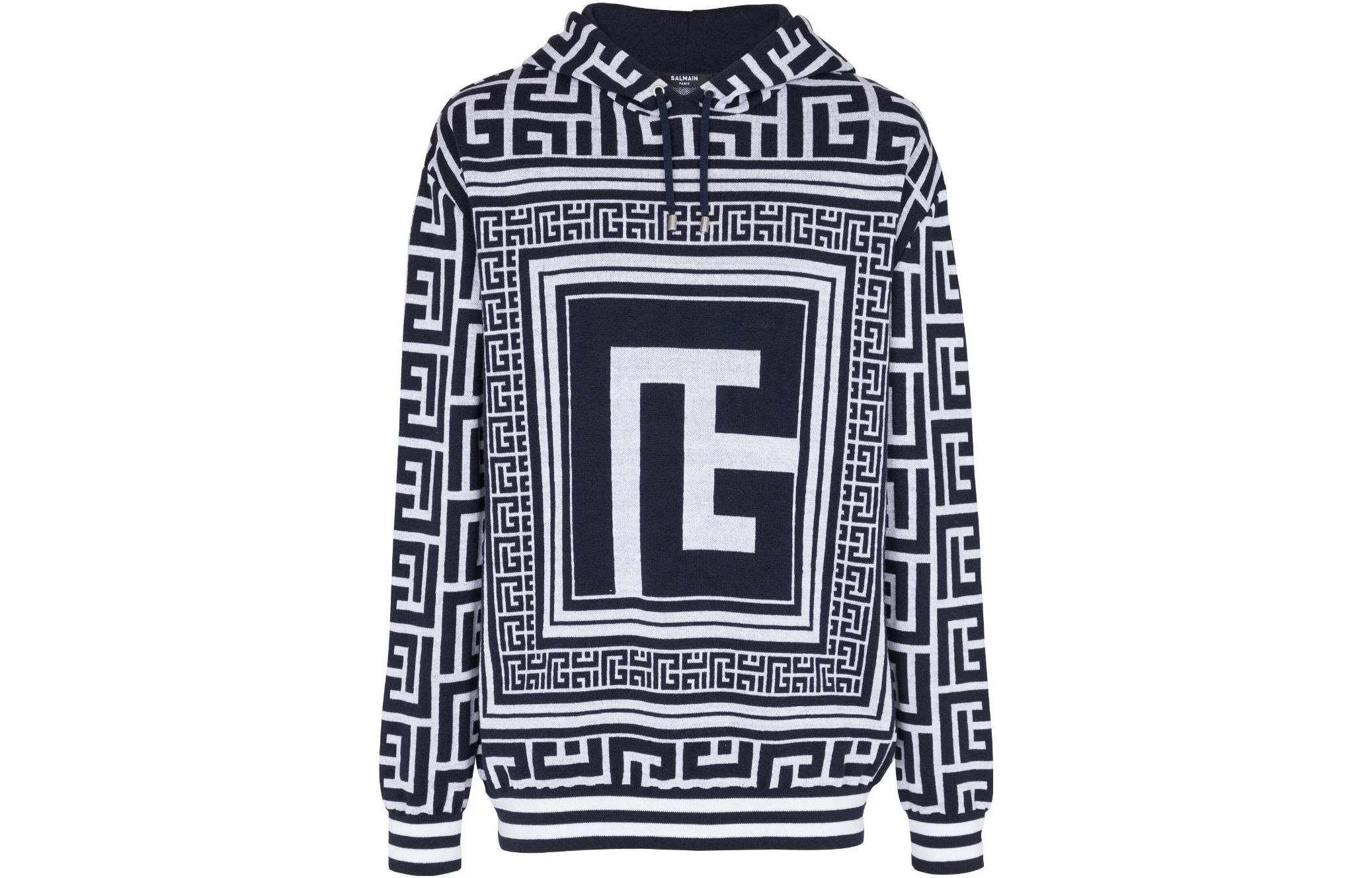 Balmain SS23 All-Over Print Hoodie Blue Pullover Long Sleeve BH1JR072-KE82-GGD