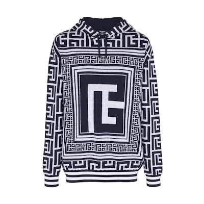 Balmain SS23 All-Over Print Hoodie Blue Pullover Long Sleeve BH1JR072-KE82-GGD