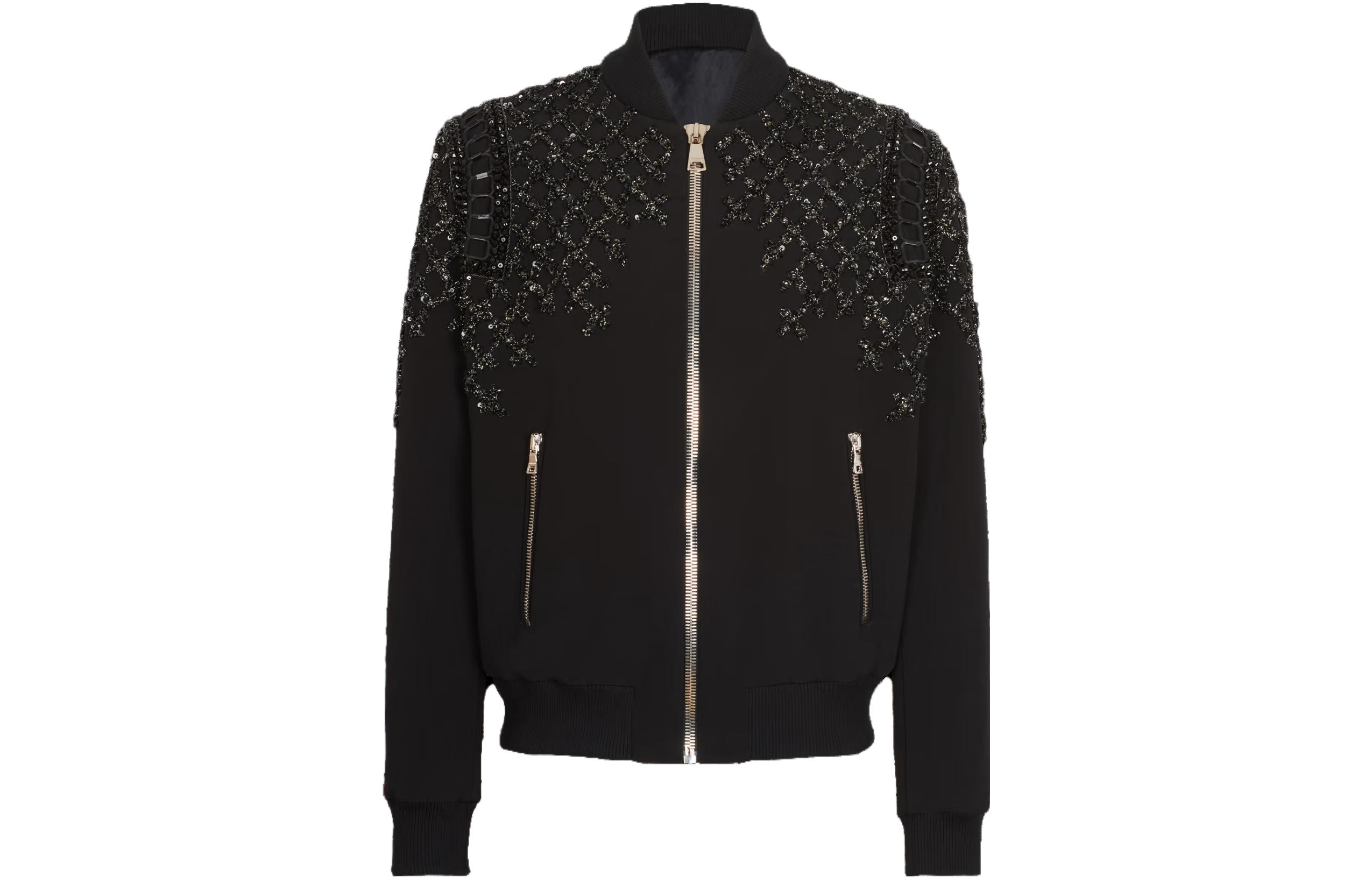 Balmain SS23 Beaded Embroidered Crepe Bomber Jacket Men’s Black AH0TF000PB73EAW
