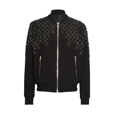 Balmain SS23 Beaded Embroidered Crepe Bomber Jacket Men’s Black AH0TF000PB73EAW