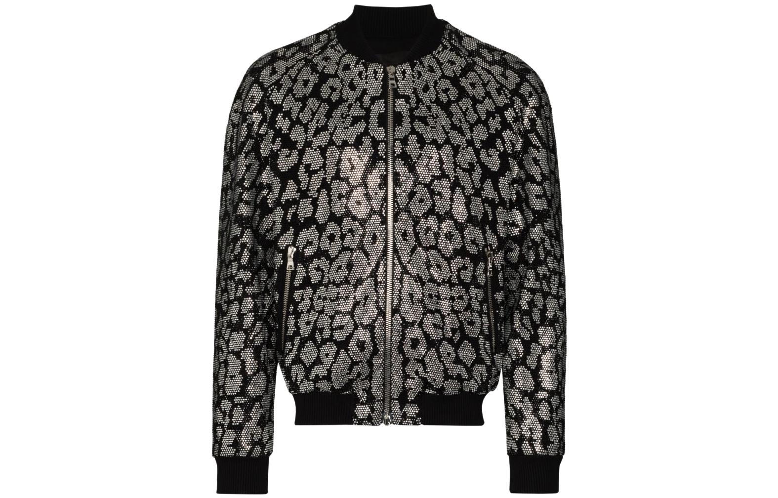 Balmain SS23 Black Leopard Print Rhinestone Bomber Jacket UH48878Z540-0PA