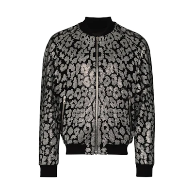 Balmain SS23 Black Leopard Print Rhinestone Bomber Jacket UH48878Z540-0PA