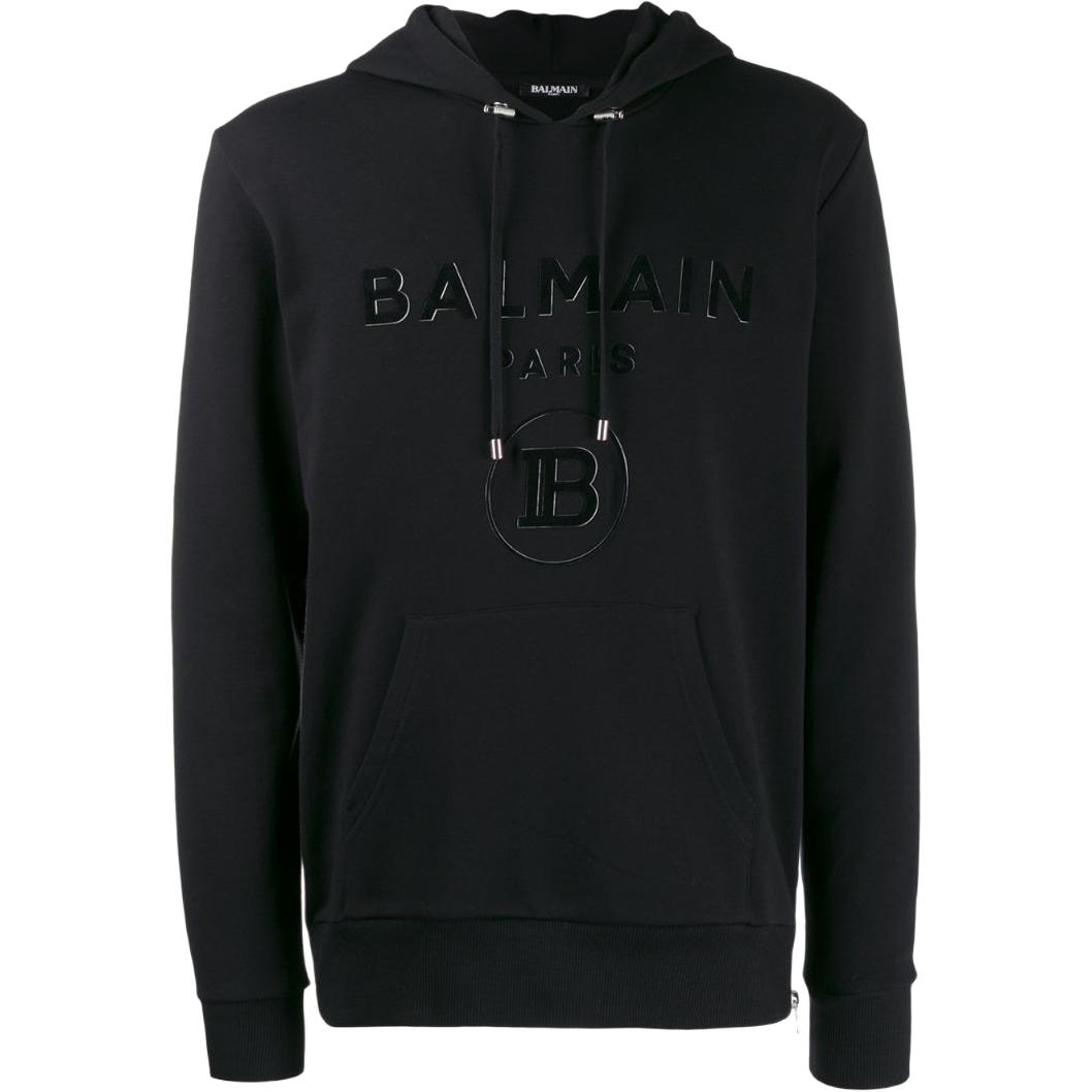 Balmain SS23 Black Letter Logo Patch Drawstring Hoodie SH03642I200-0PA
