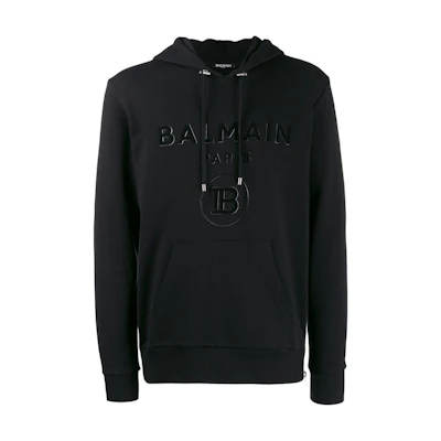 Balmain SS23 Black Letter Logo Patch Drawstring Hoodie SH03642I200-0PA