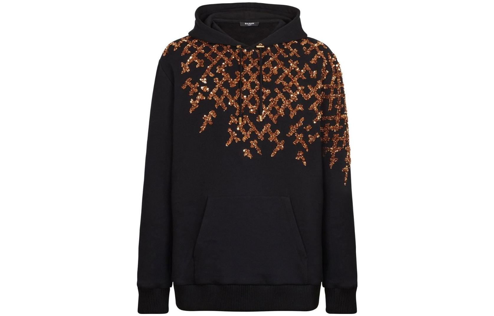 Balmain SS23 Black Sequin-Embellished Pullover Hoodie AH0JT046PB73-EAD