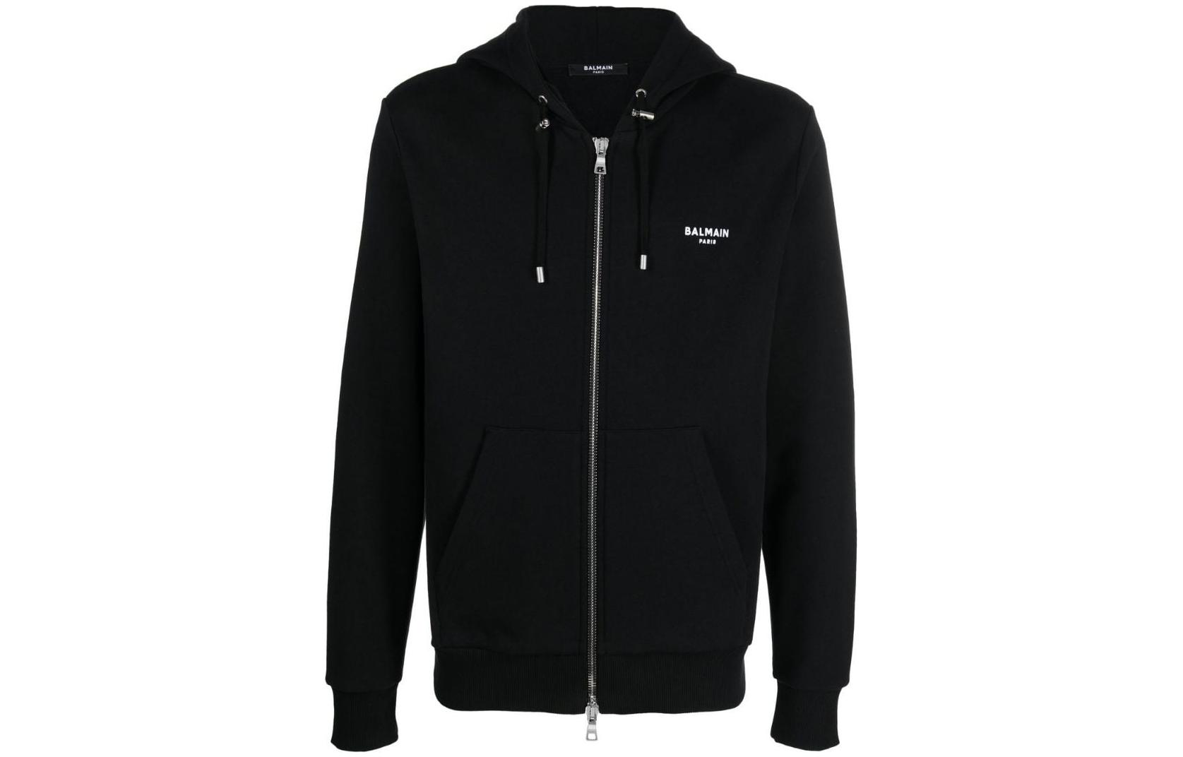 Balmain SS23 Black Zip Hoodie with Solid Logo Print AH1JX000BB04-EAB