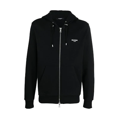 Balmain SS23 Black Zip Hoodie with Solid Logo Print AH1JX000BB04-EAB