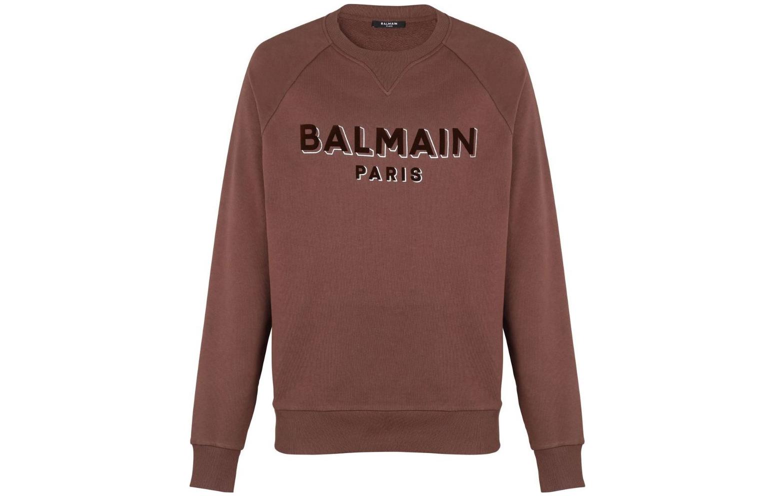 Balmain SS23 Brown Flocked Logo Crewneck Sweatshirt AH0JQ005BB99-WCG