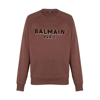 Balmain SS23 Brown Flocked Logo Crewneck Sweatshirt AH0JQ005BB99-WCG