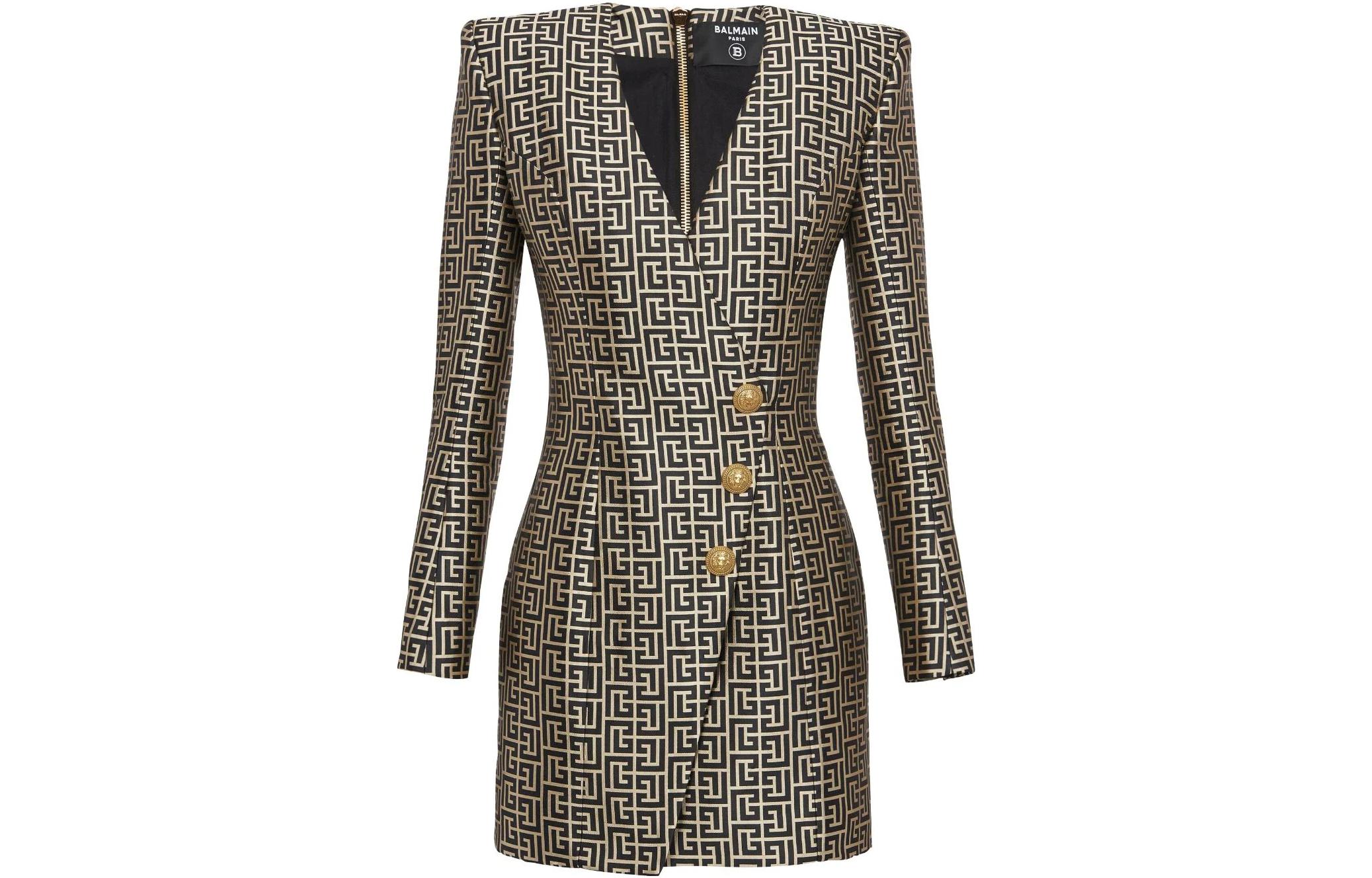 BALMAIN SS23 Brown V-Neck Long-Sleeve Dress with Logo Print Details BF1R9535VD60-EIV
