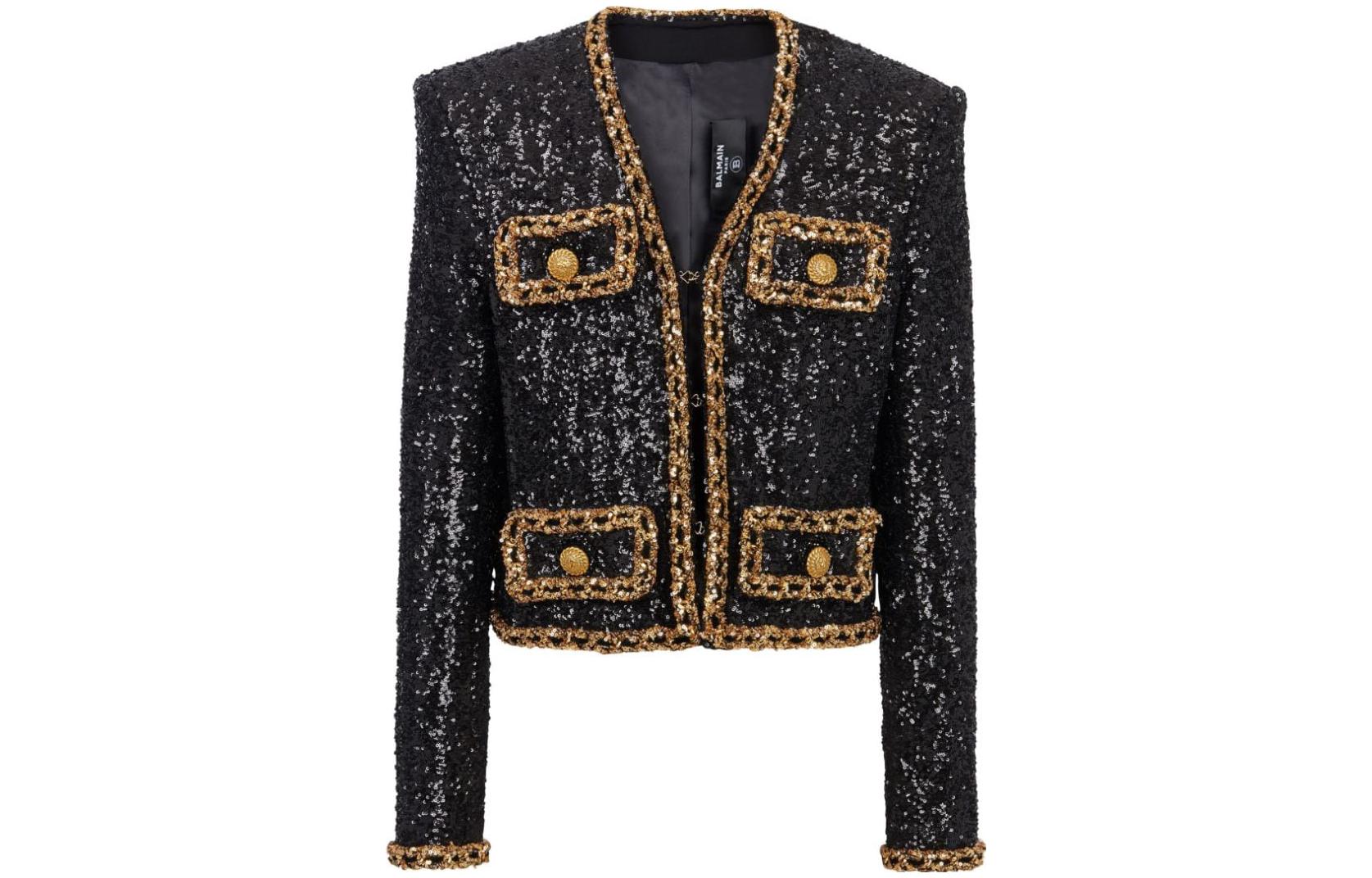 Balmain SS23 Colorblock Sequin Short Jacket Unisex Black BU1SC160-PB87-EAD