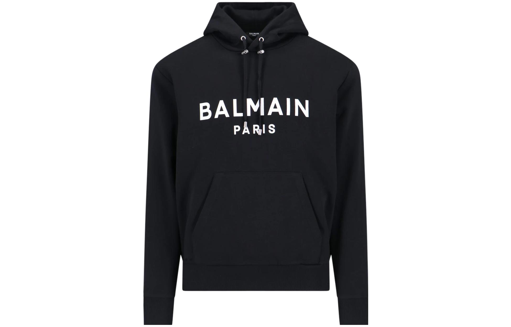 Balmain SS23 Contrast Logo Print Hoodie Black Pullover Long Sleeve AH0JR002BB65-EAB