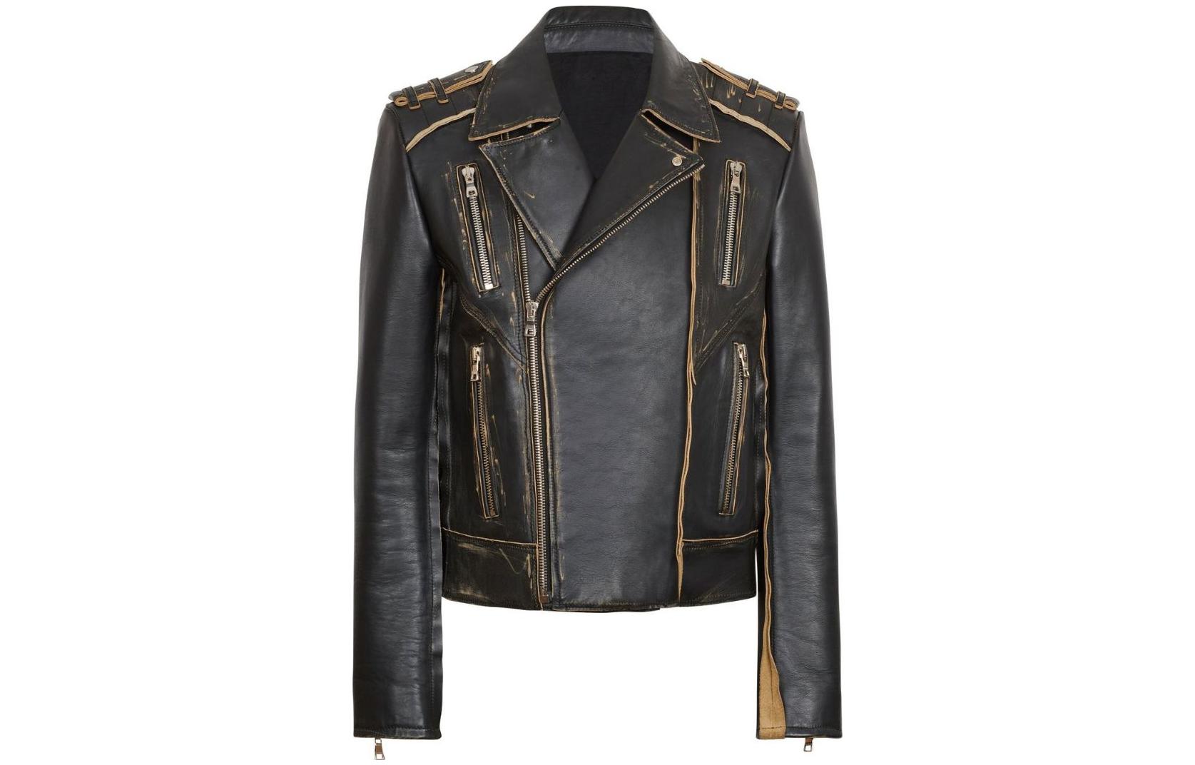 Balmain SS23 Distressed Leather Zip Asymmetric Jacket Black AH0TD174LC04EAI