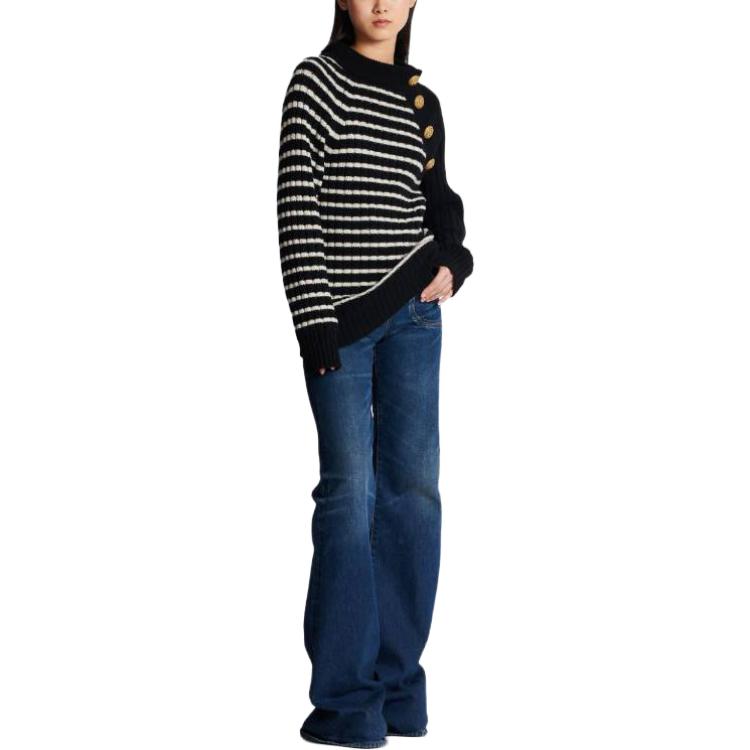 Lookbook BALMAIN 2023春夏条纹压纹纽扣针织毛衣 黑色款 男女同款 BU1KF090KE84-ECJ